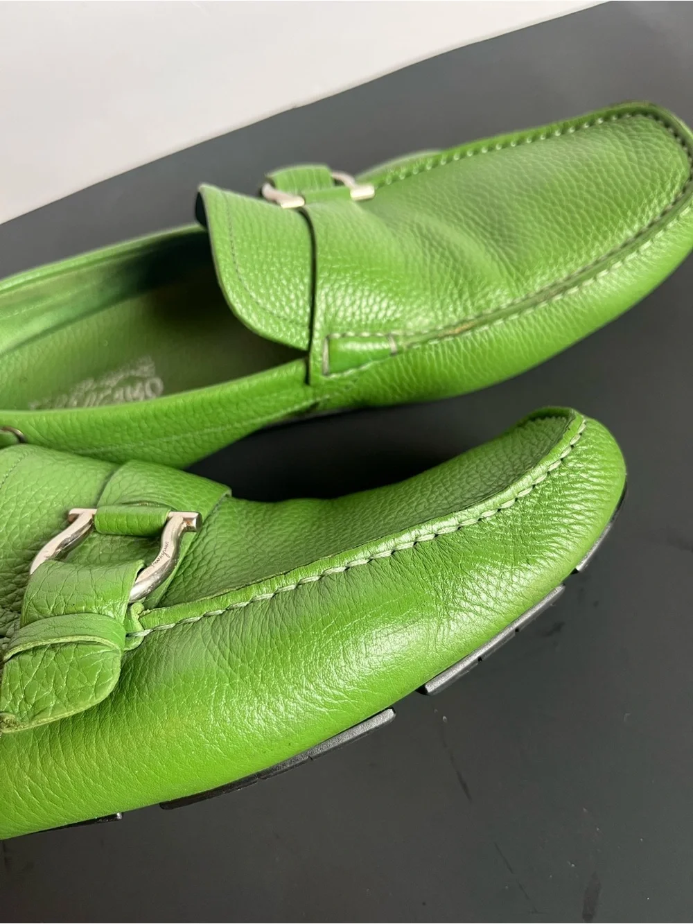 Salvatore Ferragamo Men’s Green Leather Buckle Driver Loafers Slip-On US 10 EE